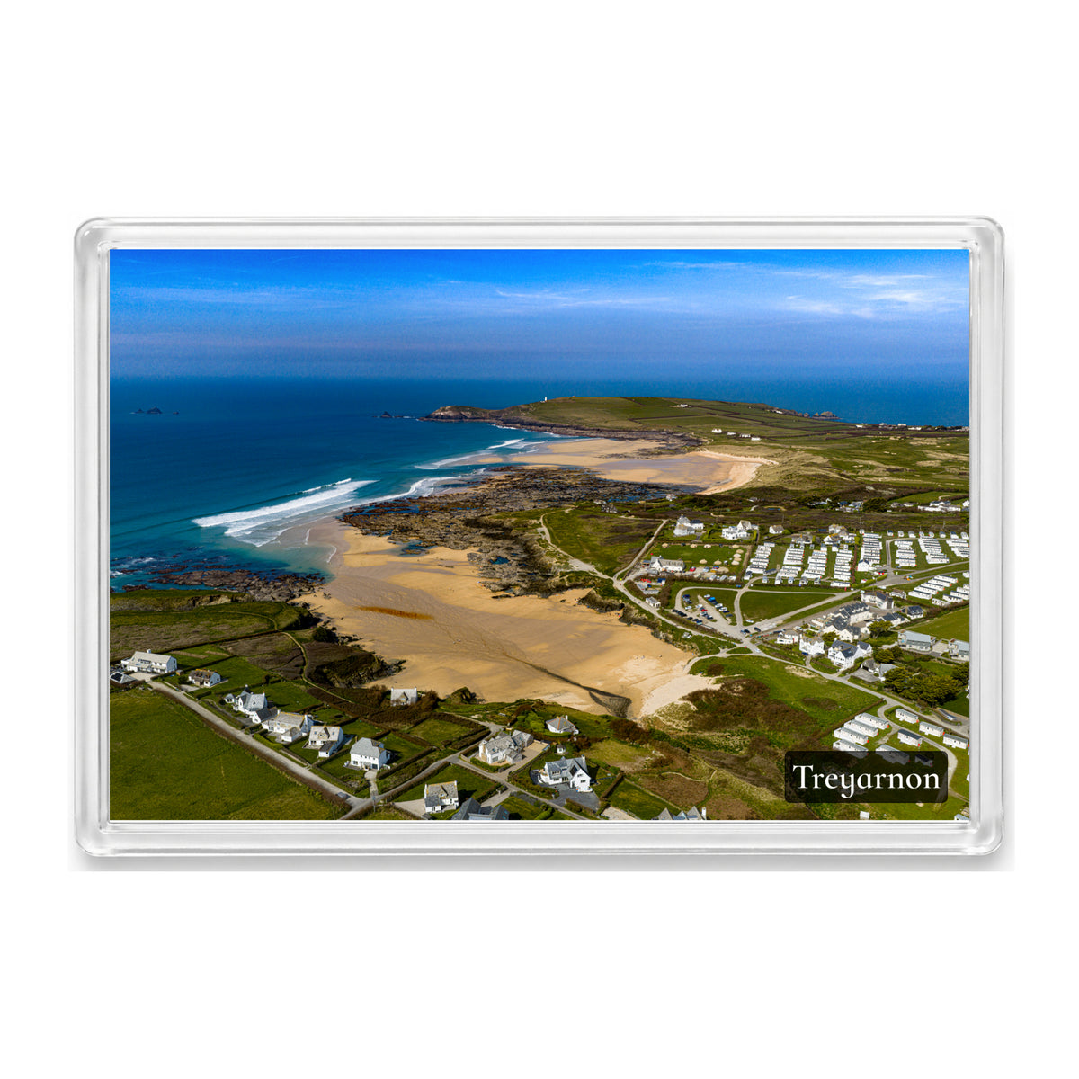 Treyarnon fridge magnet showing Treyarnon, Booby’s Bay and Constantine Bay at low tide with Trevose Head beyond