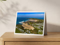 Premium A5 greeting card showing Treyarnon and Constantine Bay at low tide with Trevose Head