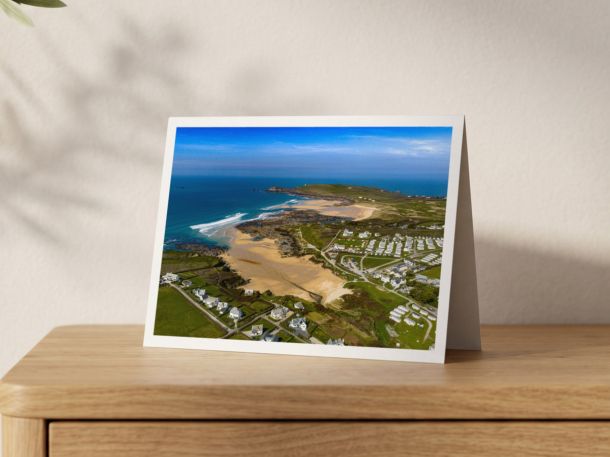 Premium A5 greeting card showing Treyarnon and Constantine Bay at low tide with Trevose Head