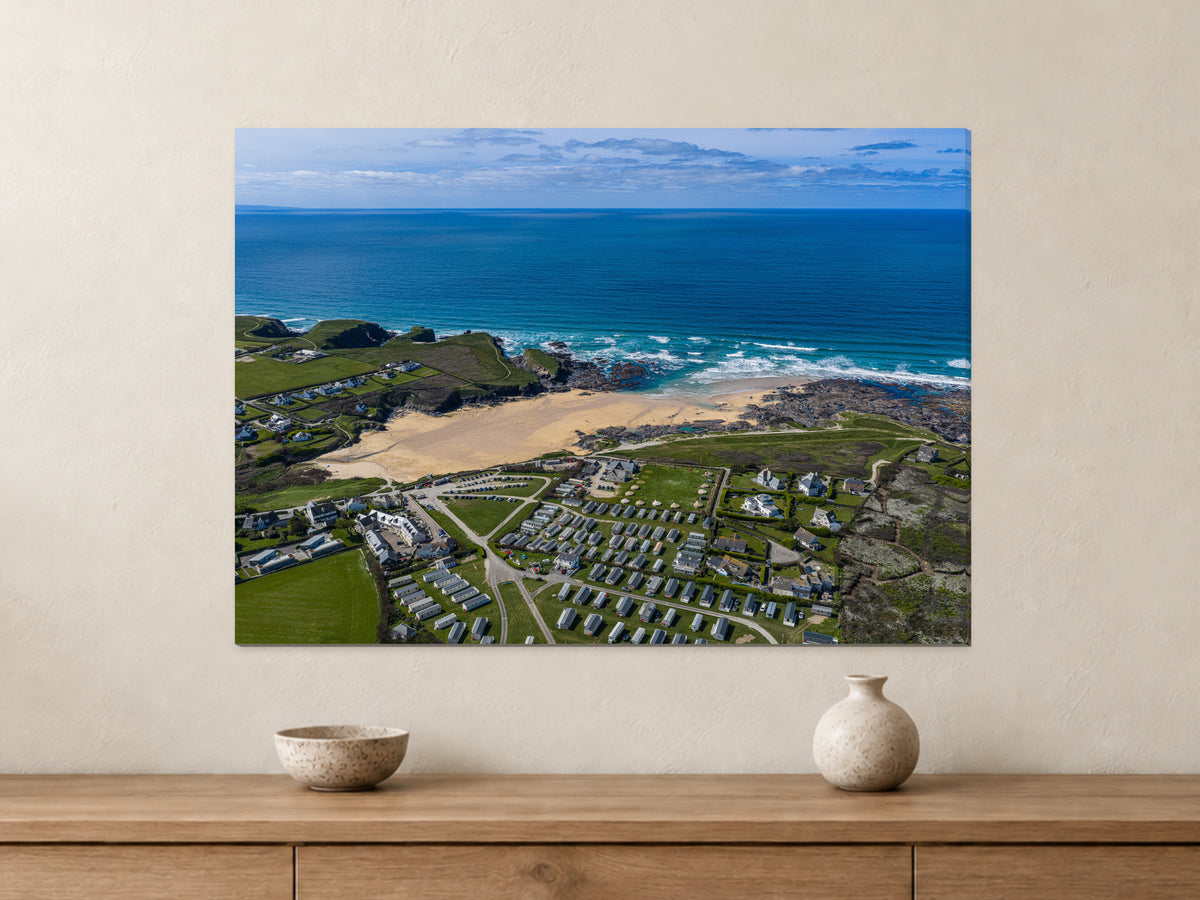 Treyarnon Bay — Bright Spring Blue — A1 canvas, 22mm canvas with mirrored edges. Closer product view.