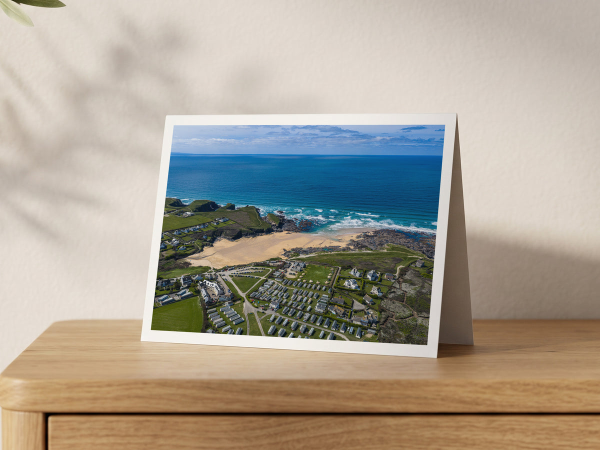 Premium A5 greeting card showing Treyarnon Bay beach beneath a deep blue spring sea