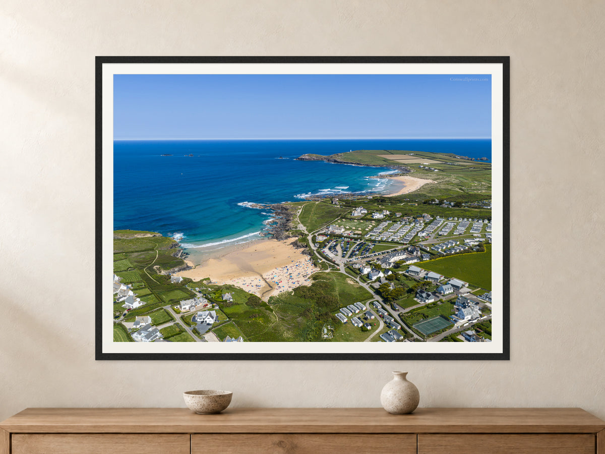 Constantine Bay & Treyarnon — Half Term Heat — A0 framed, 22mm black stained frame and 35mm mount. Closer product view.