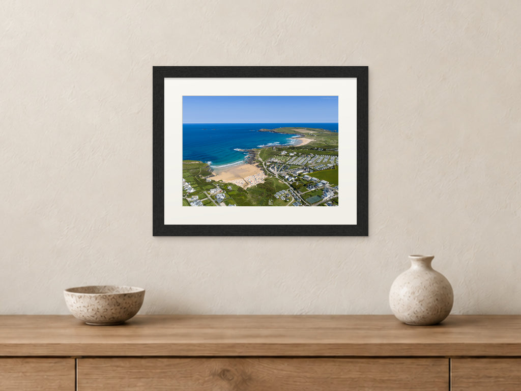 Constantine Bay & Treyarnon — Half Term Heat — A4 framed, 22mm black stained frame and 35mm mount. Closer product view.