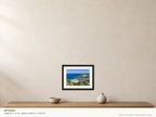 Constantine Bay & Treyarnon — Half Term Heat — A4 framed, 22mm black stained frame and 35mm mount. Illustrative room scale and dimensions.