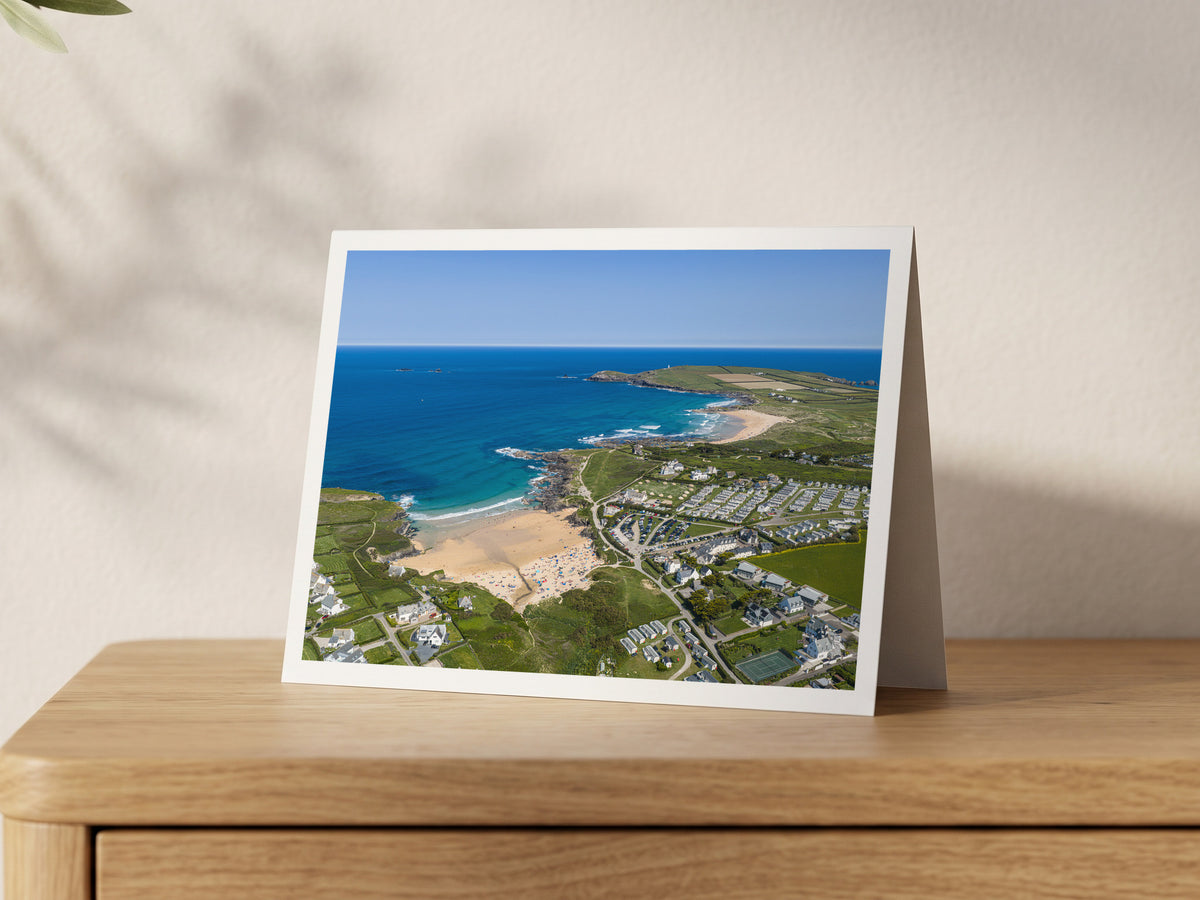 Premium A5 greeting card showing Constantine Bay, Treyarnon and Trevose Head