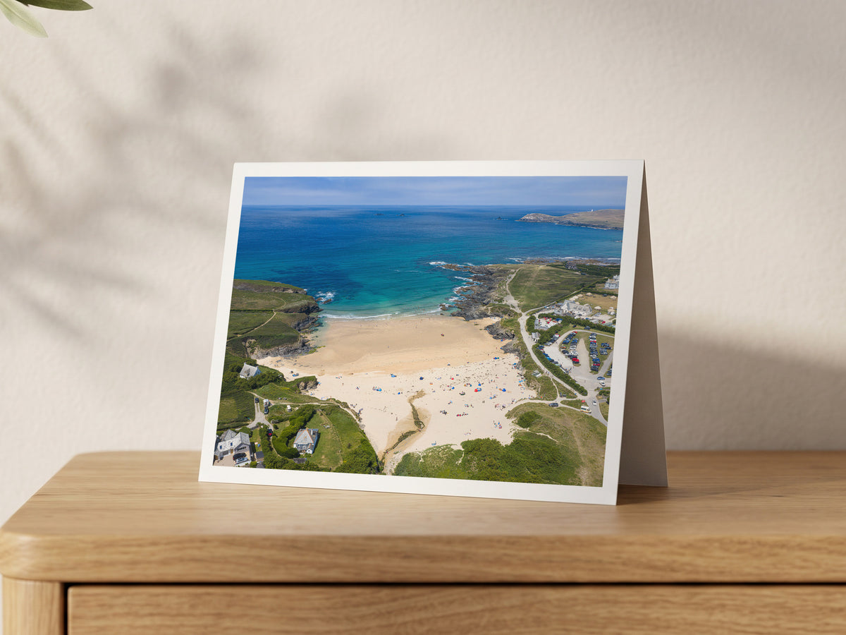 Premium A5 greeting card showing a busy Treyarnon beach at mid tide with blue summer sea