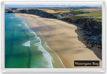 Watergate Bay fridge magnet showing turquoise water, expansive low-tide sand and dark cliffs