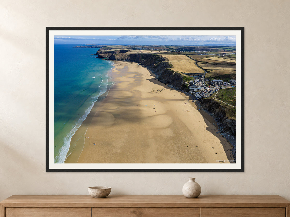 Watergate Bay — Looking North Along the Beach — A0 framed, 22mm black stained frame and 35mm mount. Closer product view.