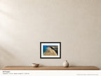 Watergate Bay — Looking North Along the Beach — A4 framed, 22mm black stained frame and 35mm mount. Illustrative room scale and dimensions.