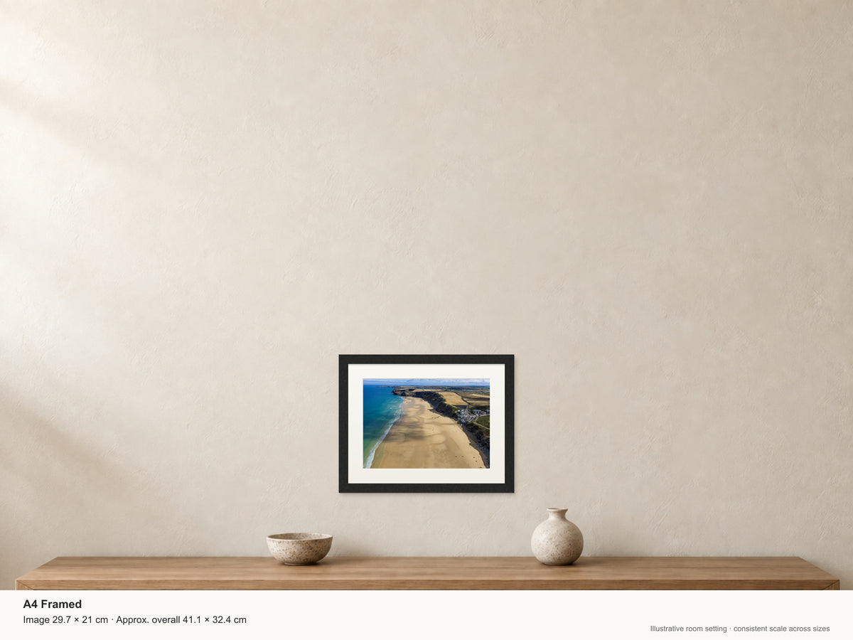 Watergate Bay — Looking North Along the Beach — A4 framed, 22mm black stained frame and 35mm mount. Illustrative room scale and dimensions.