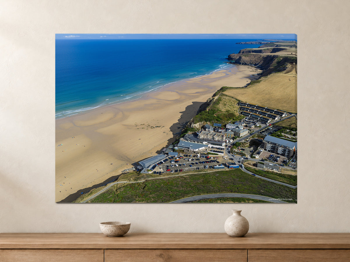 Watergate Bay and its beachfront, shown as a canvas print