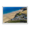 Watergate Bay fridge magnet showing beachfront buildings beside the low-tide beach, gentle surf and cliffs leading to Trevose Head