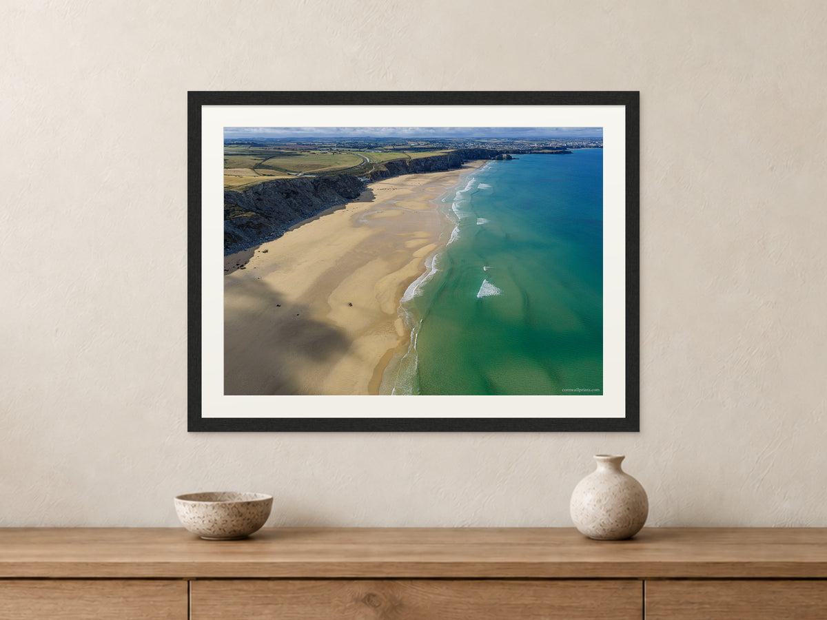 Watergate Bay — Looking South Towards Newquay — A2 framed, 22mm black stained frame and 35mm mount. Closer product view.