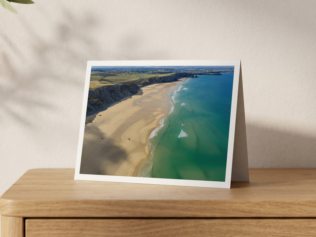 Premium A5 greeting card showing Watergate Bay beach and surf looking south towards Newquay