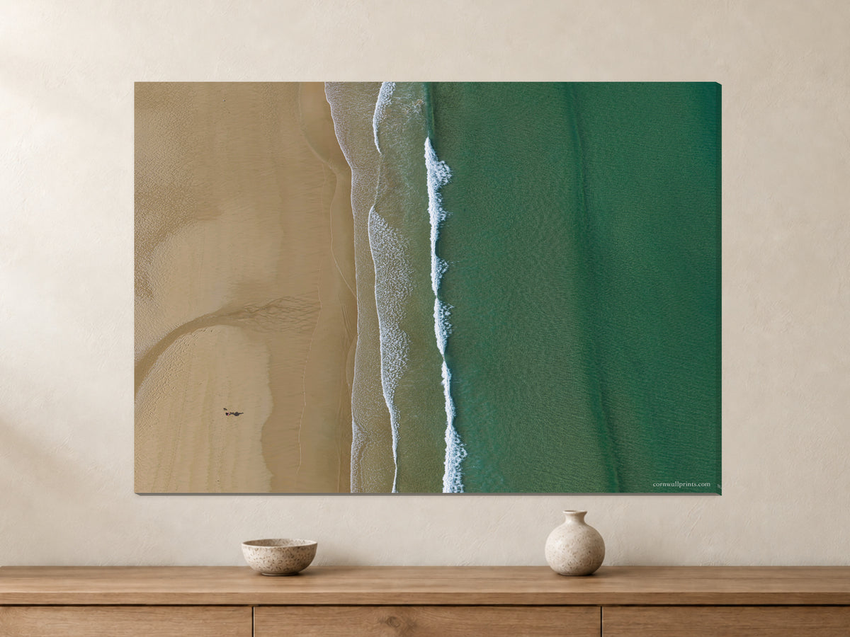 Watergate Bay — Sand and Sea from Above — A0 canvas, 38mm-deep canvas with mirrored edges. Closer product view.