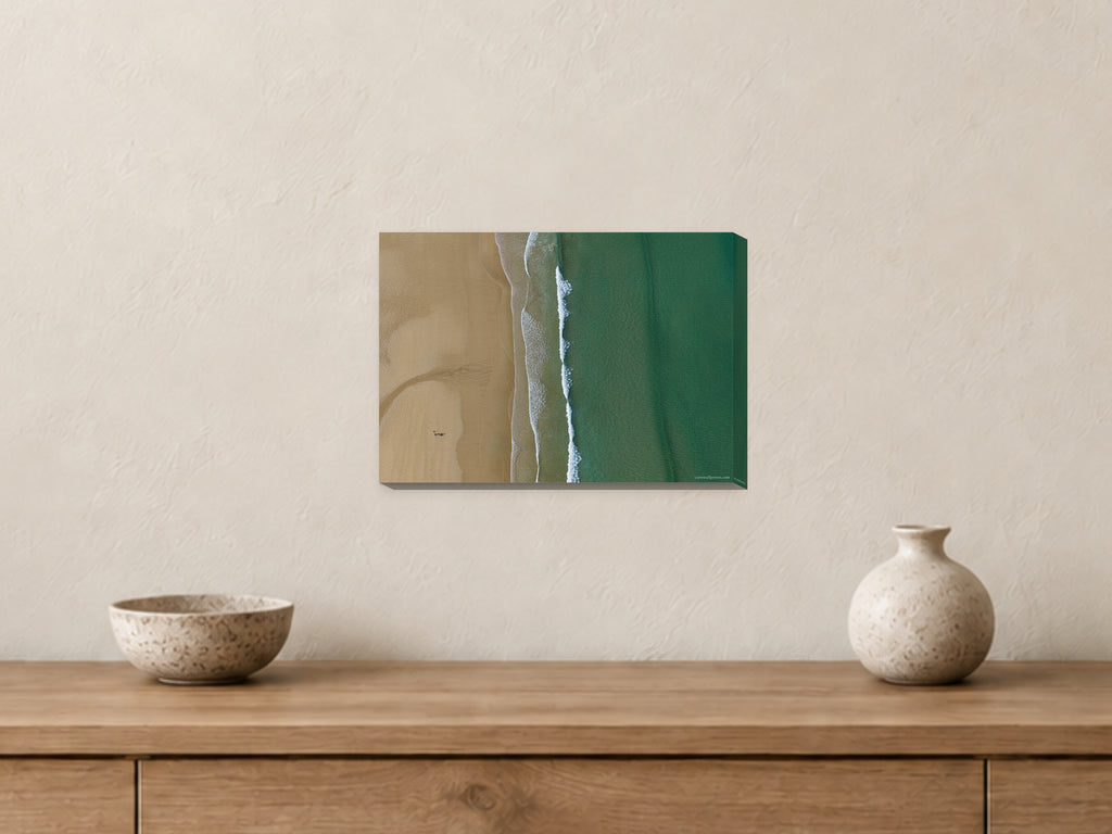Watergate Bay — Sand and Sea from Above — A4 canvas, 38mm-deep canvas with mirrored edges. Closer product view.