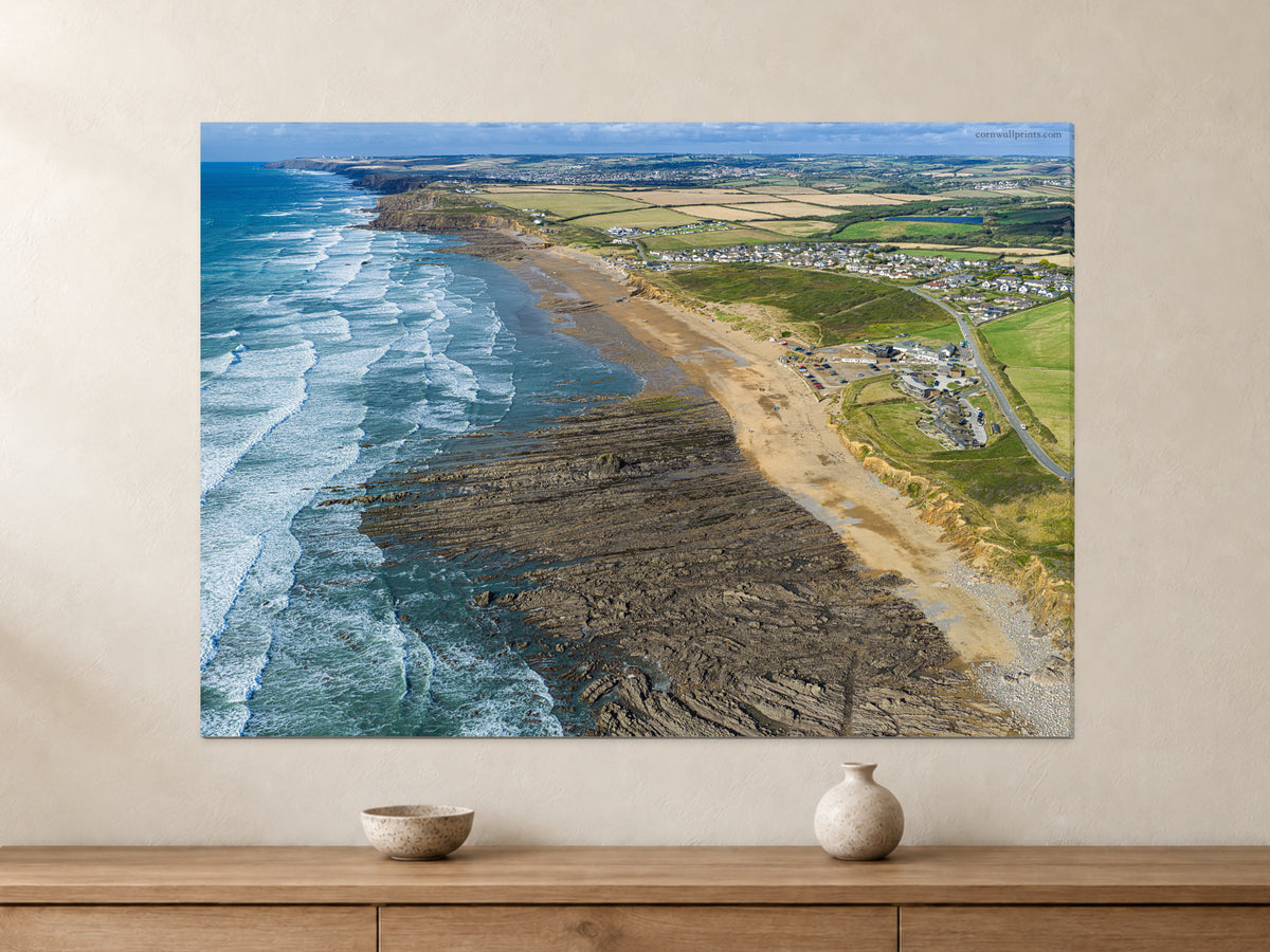 Widemouth Bay — Late-Summer Surf Looking North to Bude — A0 canvas, 22mm canvas with mirrored edges. Closer product view.