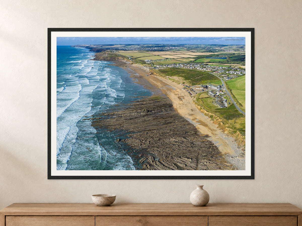 Widemouth Bay — Late-Summer Surf Looking North to Bude — A0 framed, 22mm black stained frame and 35mm mount. Closer product view.