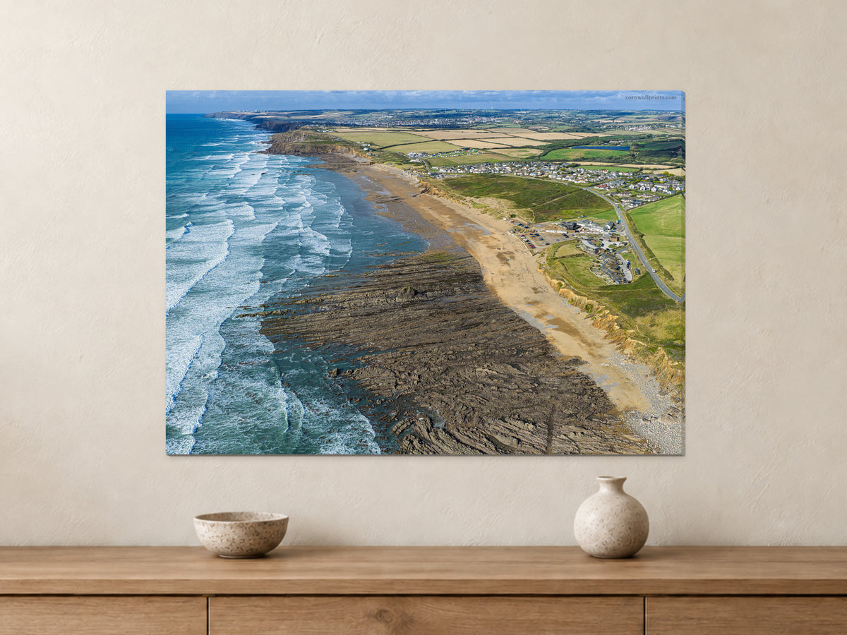 Widemouth Bay — Late-Summer Surf Looking North to Bude — A1 canvas, 22mm canvas with mirrored edges. Closer product view.