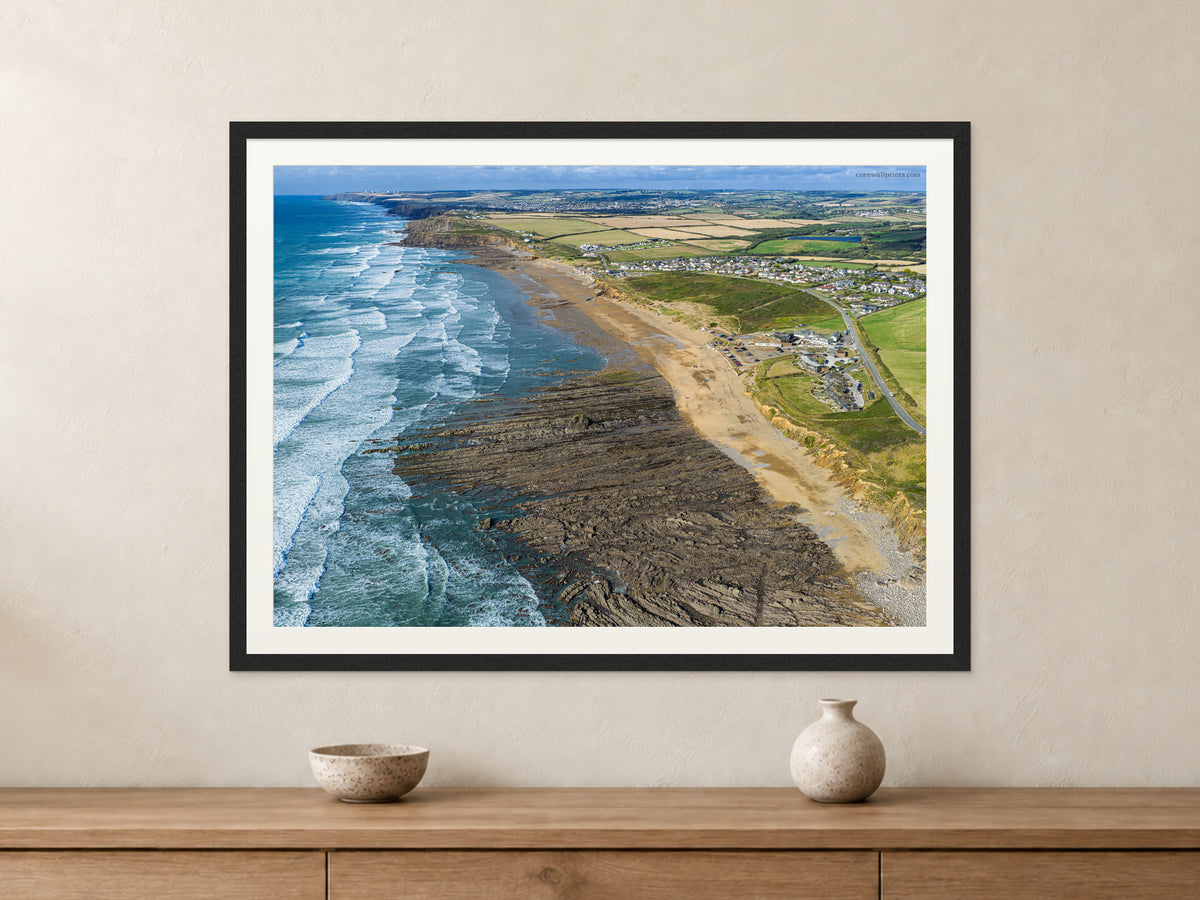 Widemouth Bay — Late-Summer Surf Looking North to Bude — A1 framed, 22mm black stained frame and 35mm mount. Closer product view.