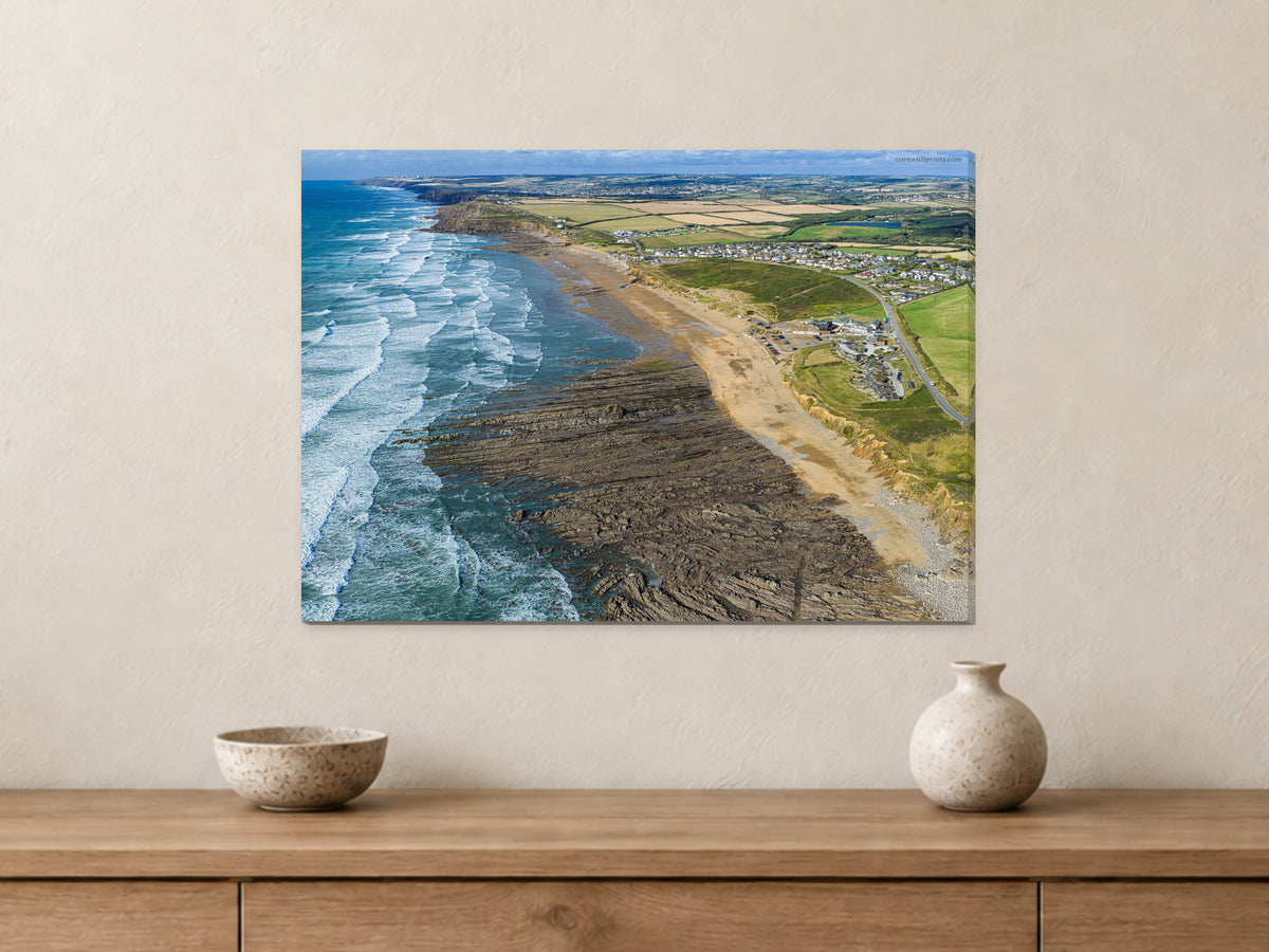 Widemouth Bay — Late-Summer Surf Looking North to Bude — A2 canvas, 22mm canvas with mirrored edges. Closer product view.