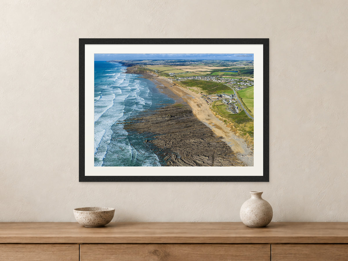 Widemouth Bay — Late-Summer Surf Looking North to Bude — A2 framed, 22mm black stained frame and 35mm mount. Closer product view.