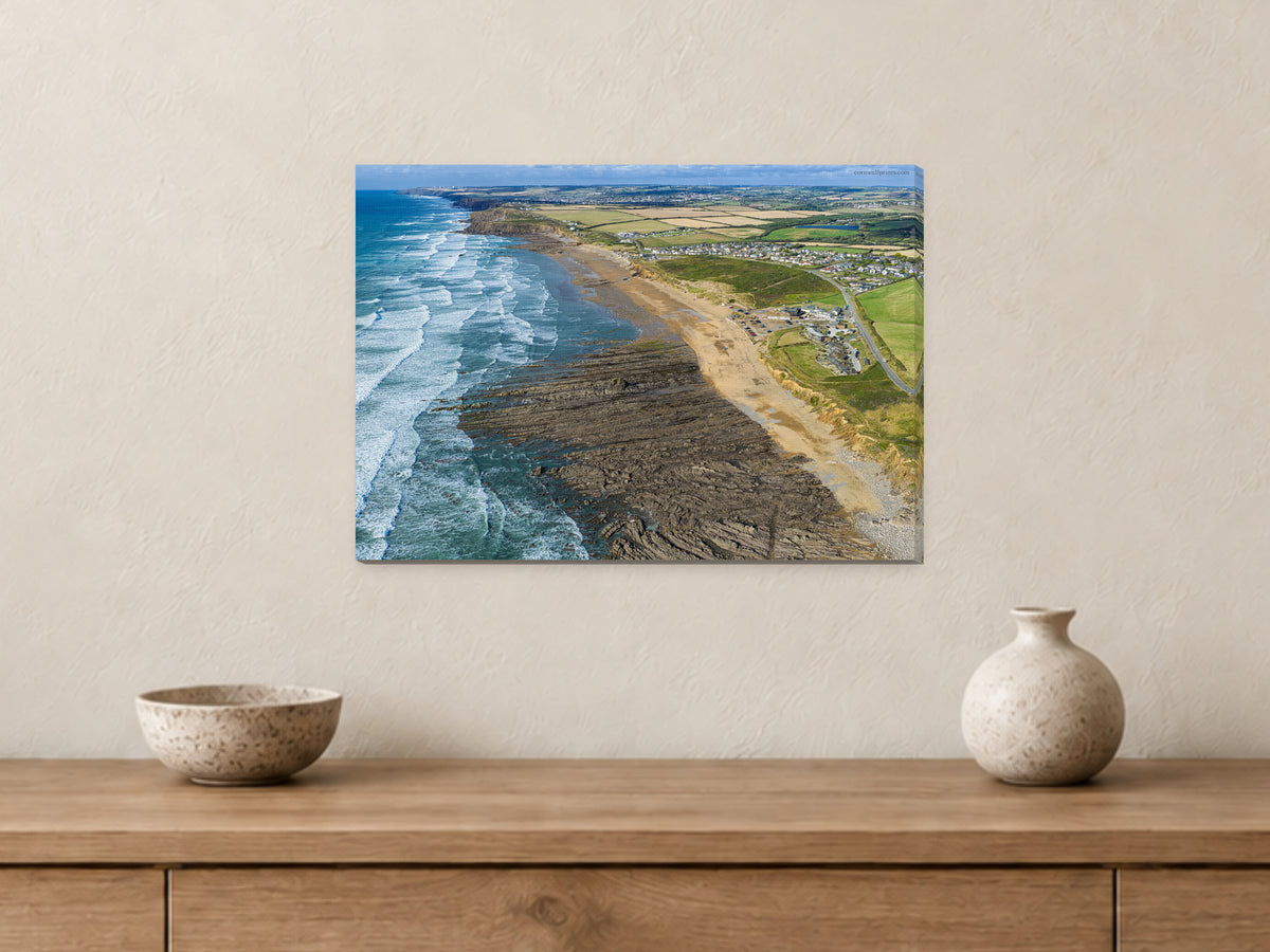 Widemouth Bay — Late-Summer Surf Looking North to Bude — A3 canvas, 22mm canvas with mirrored edges. Closer product view.