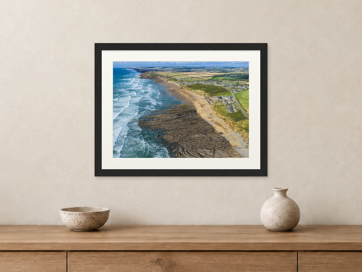 Widemouth Bay — Late-Summer Surf Looking North to Bude — A3 framed, 22mm black stained frame and 35mm mount. Closer product view.