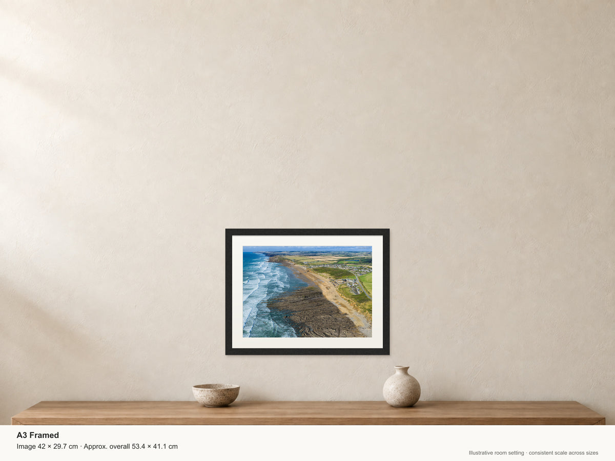 Widemouth Bay — Late-Summer Surf Looking North to Bude — A3 framed, 22mm black stained frame and 35mm mount. Illustrative room scale and dimensions.