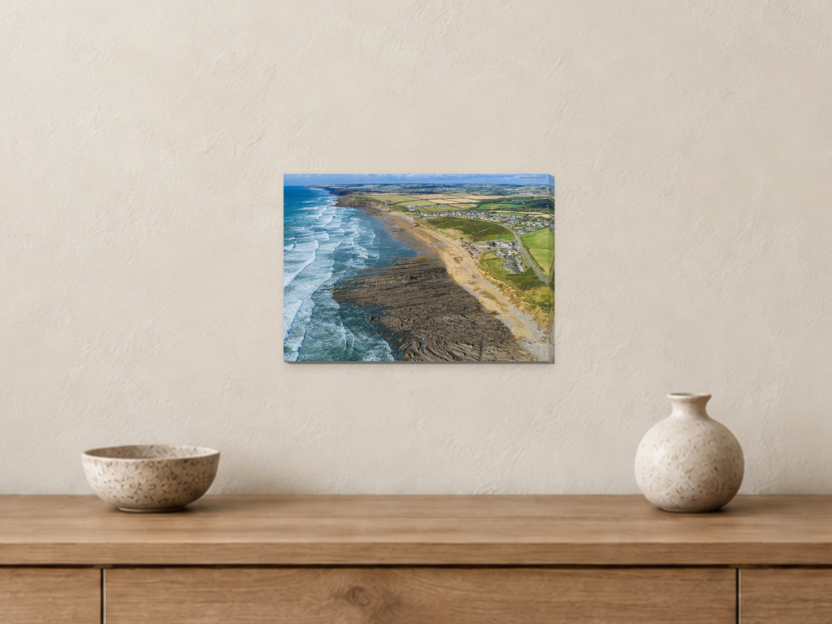 Widemouth Bay — Late-Summer Surf Looking North to Bude — A4 canvas, 22mm canvas with mirrored edges. Closer product view.