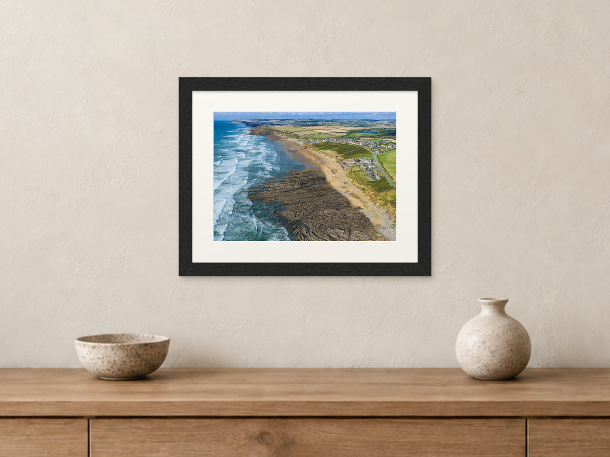 Widemouth Bay — Late-Summer Surf Looking North to Bude — A4 framed, 22mm black stained frame and 35mm mount. Closer product view.