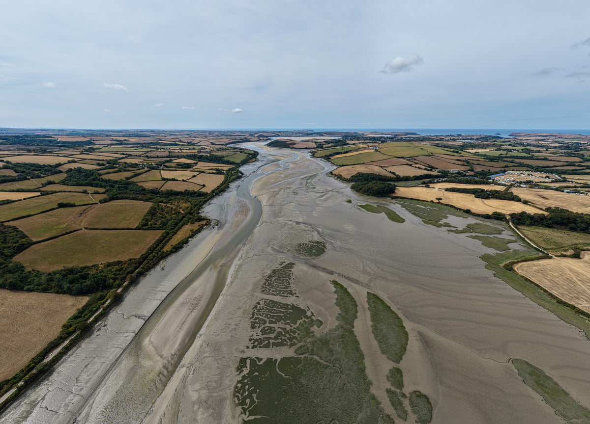 Panoramic aerial view of the Camel Estuary from Wadebridge towards Padstow at maximum low water