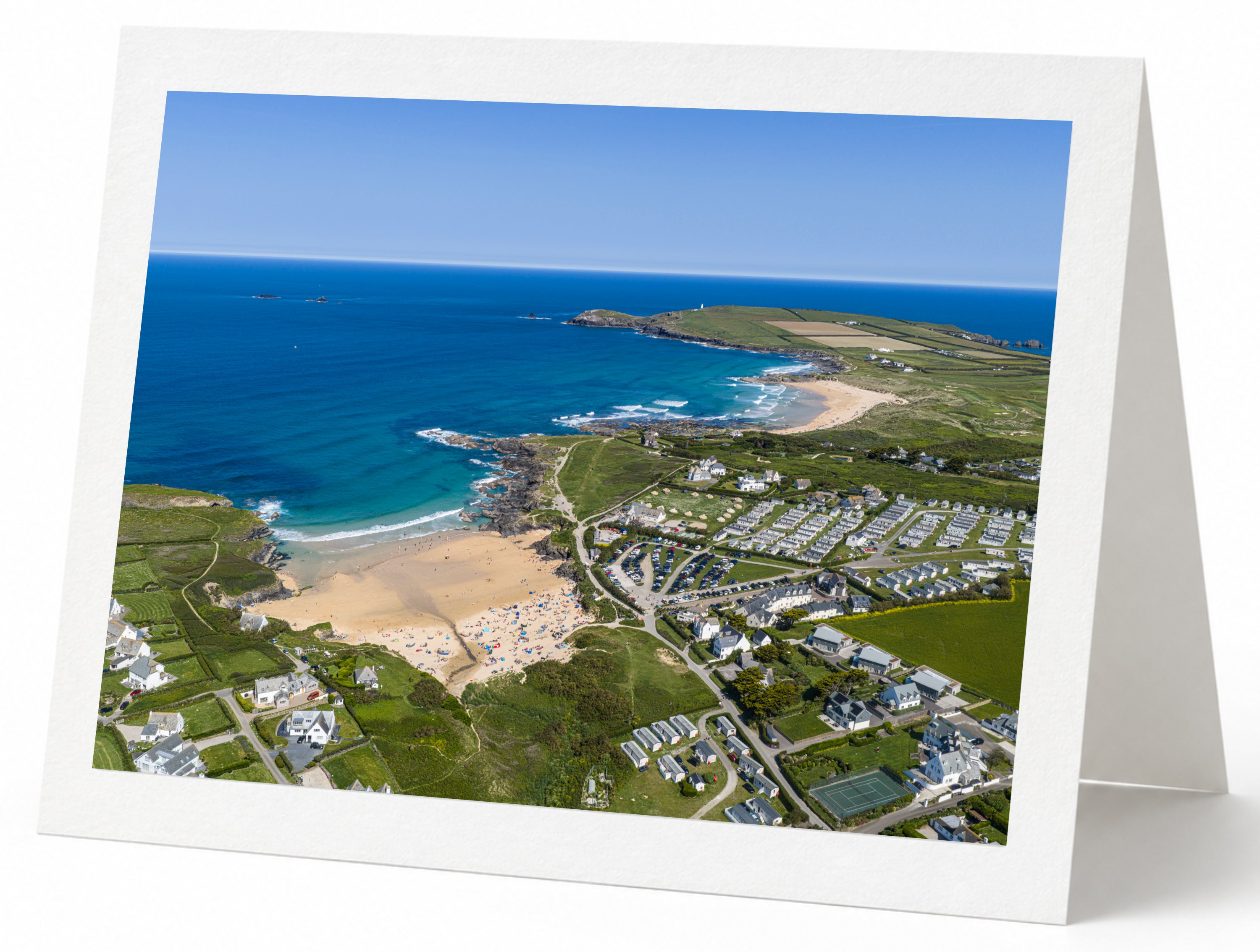 Premium A5 greeting card showing Constantine Bay, Treyarnon and Trevose Head