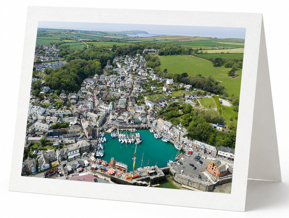 Premium A5 greeting card showing Padstow harbour during May Day celebrations