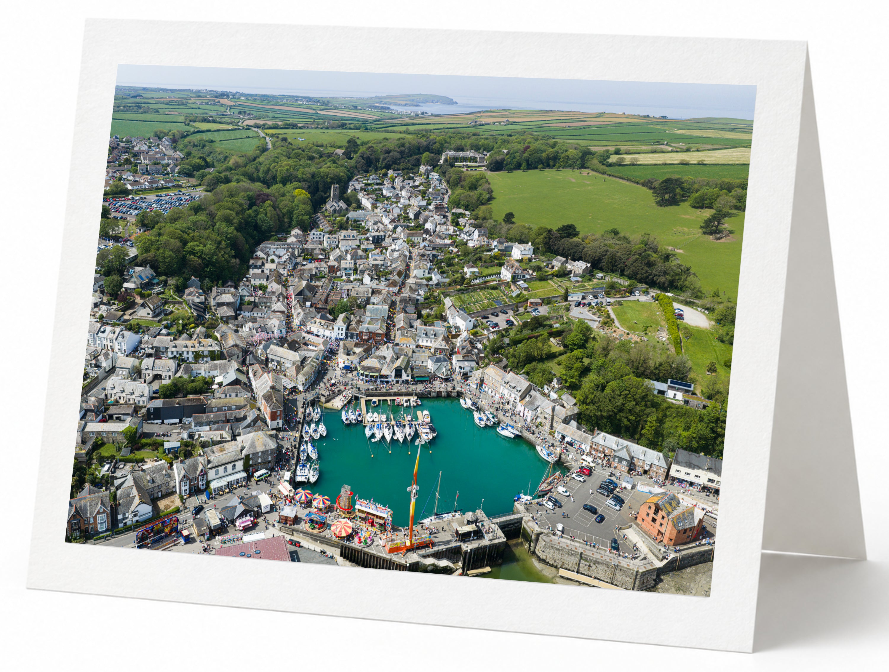 Premium A5 greeting card showing Padstow harbour during May Day celebrations