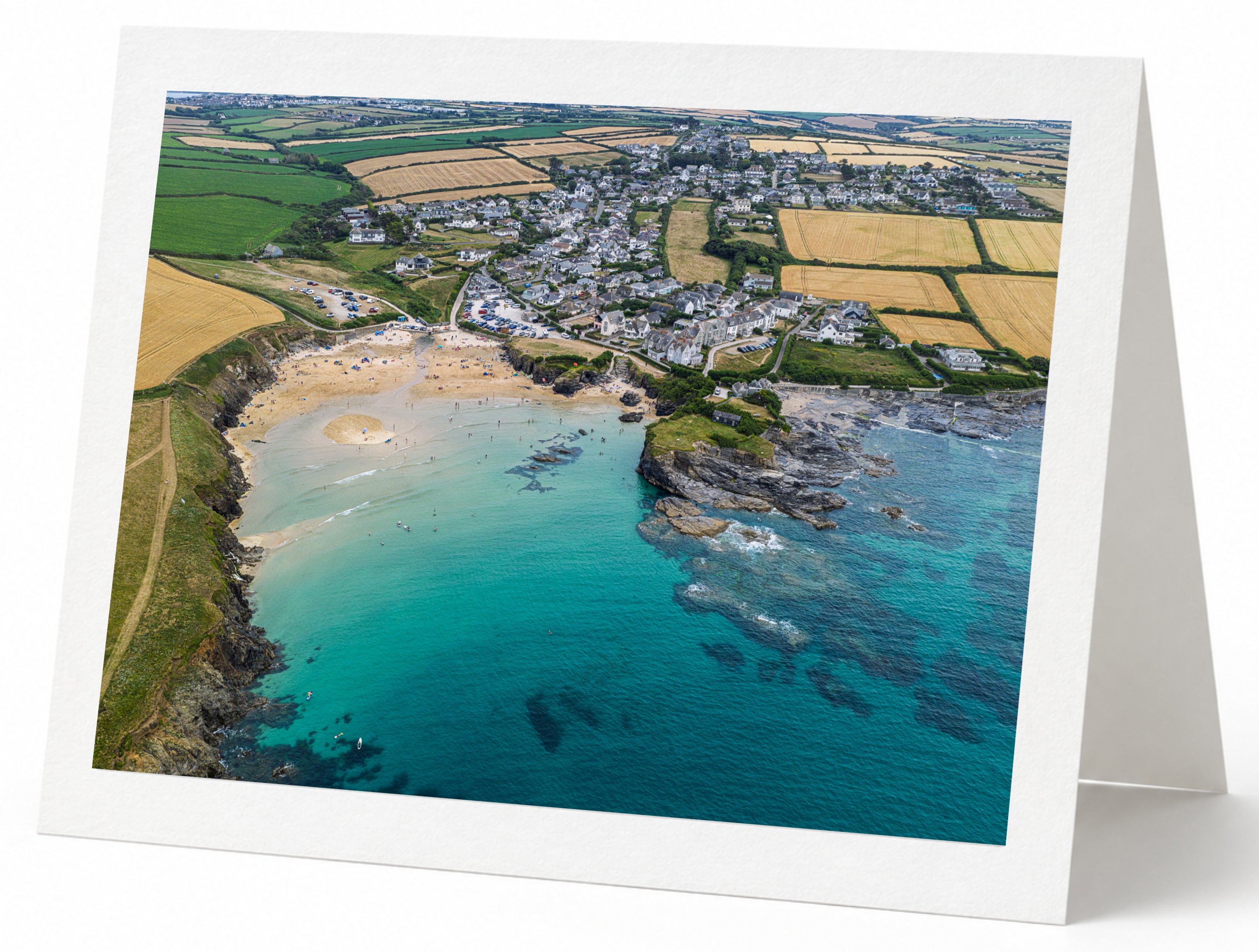 Premium A5 greeting card showing Trevone Bay at high tide in clear summer water