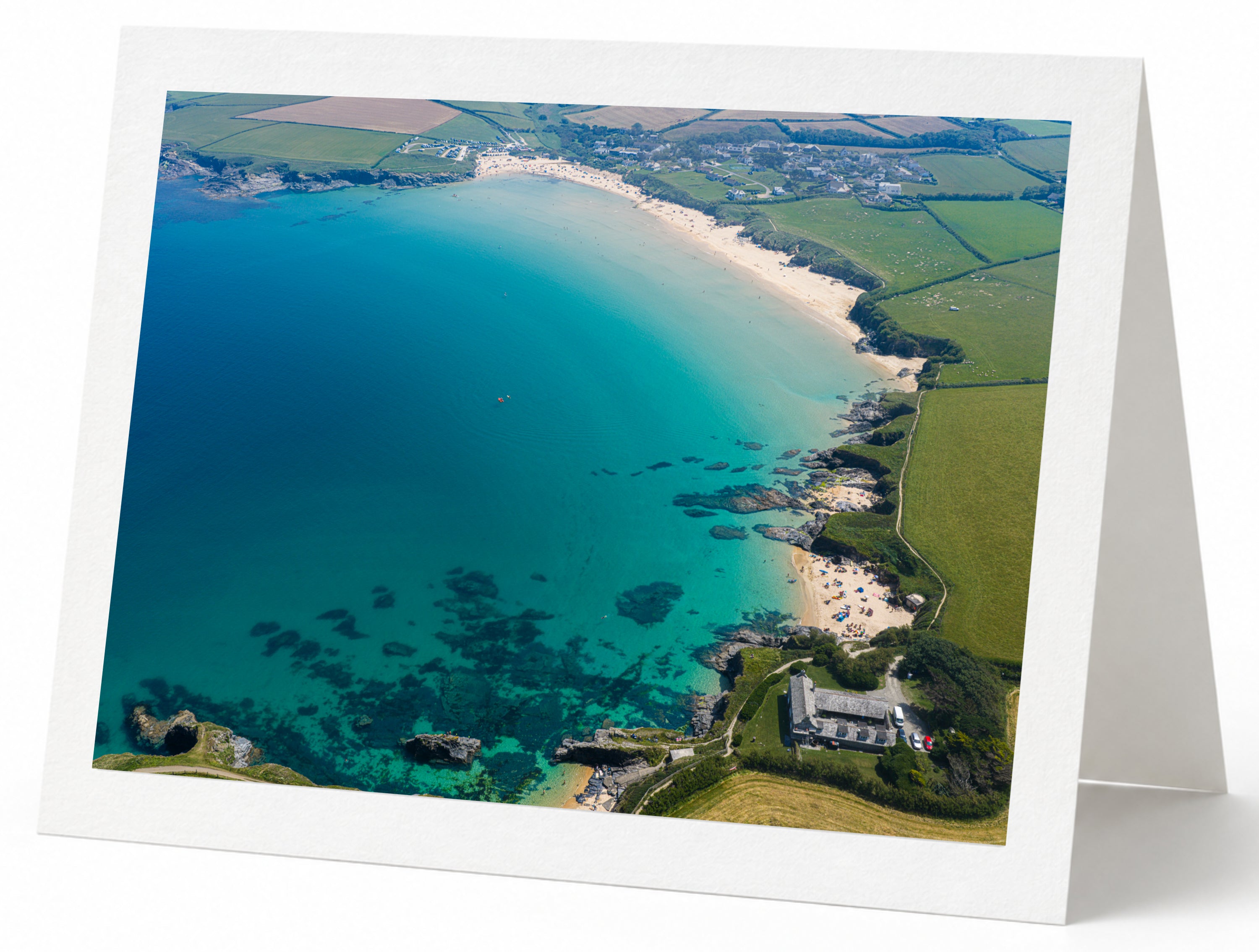 Premium A5 greeting card showing Harlyn Bay at high tide with turquoise water