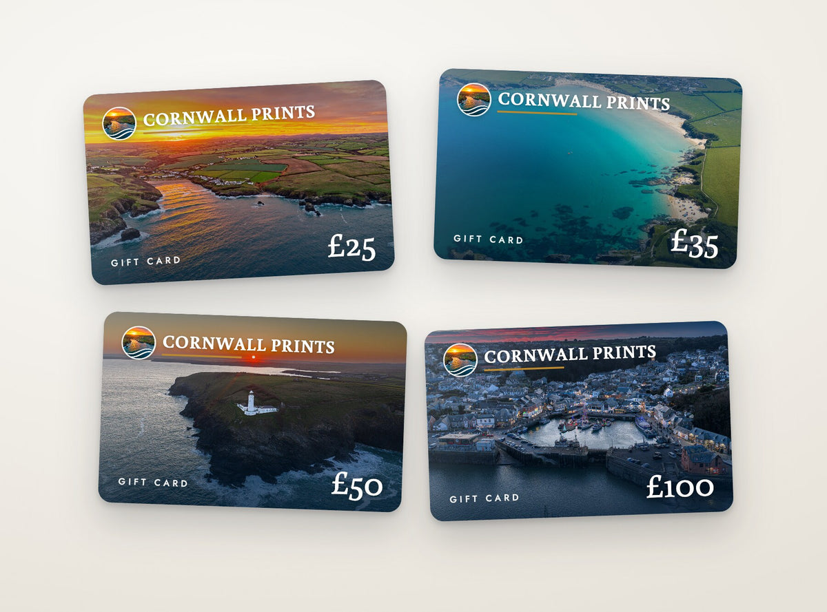 Cornwall Prints gift cards in four amounts: £25, £35, £50 and £100