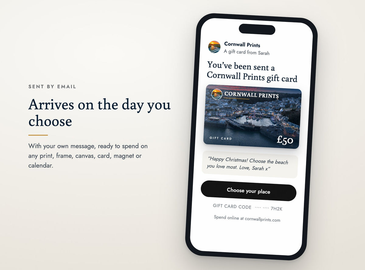 A Cornwall Prints gift card arriving by email on a phone, with a personal message