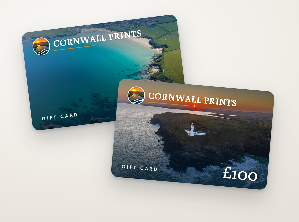 Two Cornwall Prints gift cards showing Harlyn Bay and Trevose Head lighthouse