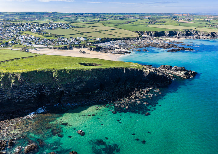 Trevone Bay & Round Hole — Spring 2026 — aerial Cornwall photography print