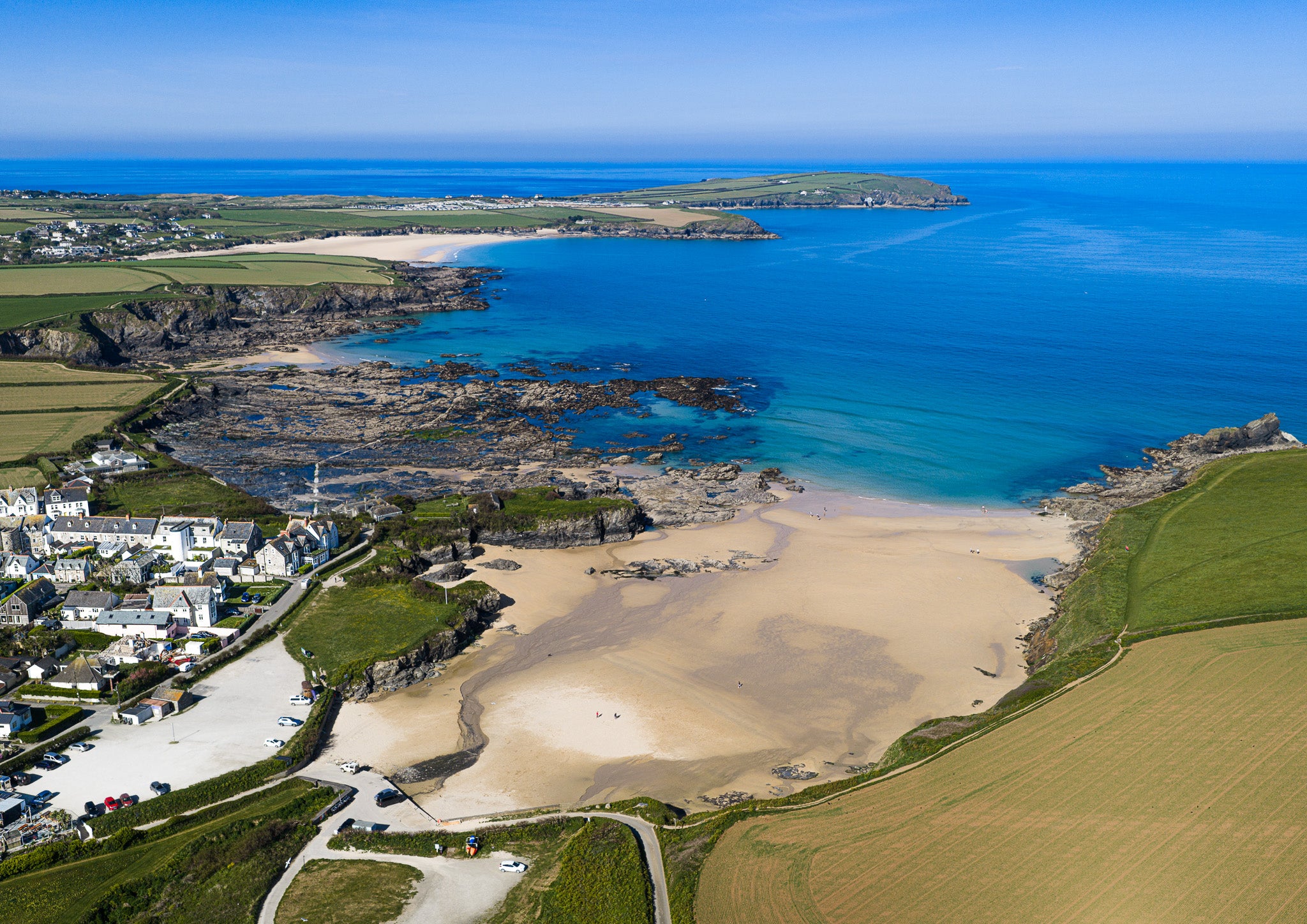 Trevone Bay — Low Tide to Harlyn & Trevose Head — aerial Cornwall photography print
