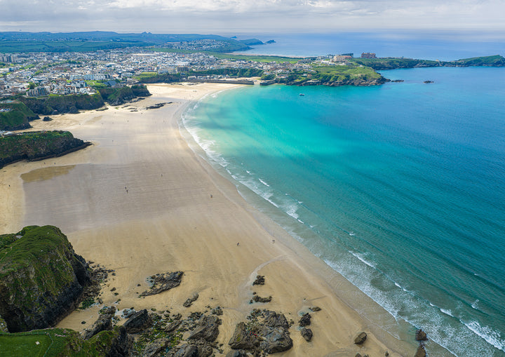 Newquay Town Beaches — Low Tide from Tolcarne — aerial Cornwall photography print