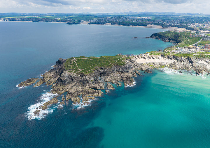 Towan Headland & Newquay Bay — Low Tide Colour — aerial Cornwall photography print