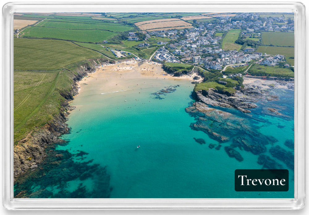 Fridge magnet showing Trevone Bay in clear summer water at high tide
