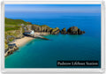 Padstow Lifeboat Station fridge magnet showing the station and slipway at Mother Ivey’s Bay beside turquoise water and rocky islets