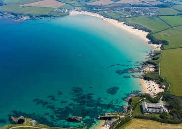 Harlyn Bay — High Tide in Clear Water — aerial Cornwall photography print