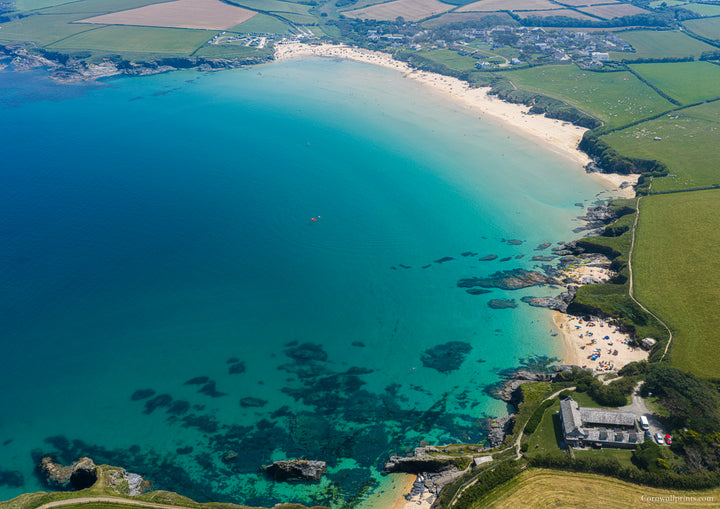 Harlyn Bay — High Tide in Clear Water — aerial Cornwall photography print