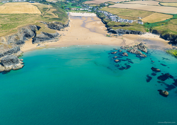 Porthcothan Bay — Turquoise Low Tide — aerial Cornwall photography print