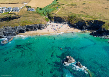 Golden Burn, Porthcothan — High Tide Summer Colour — aerial Cornwall photography print